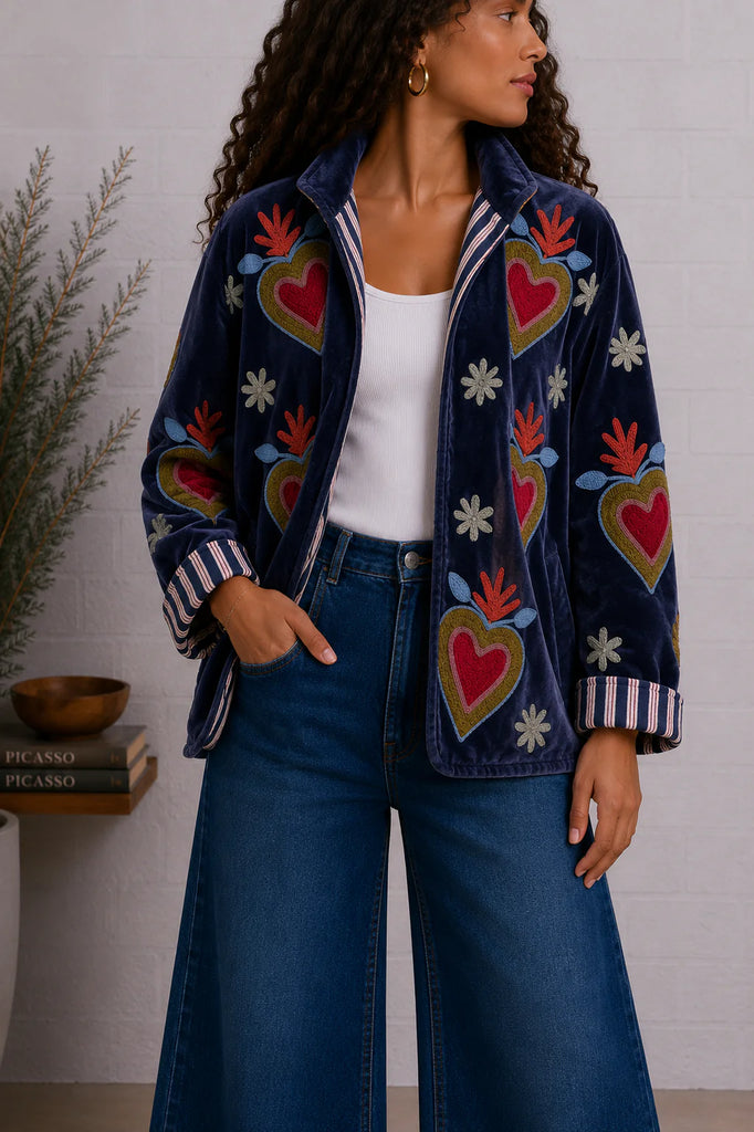 Fire Sacred Heart Jacket Embroidered Velvet