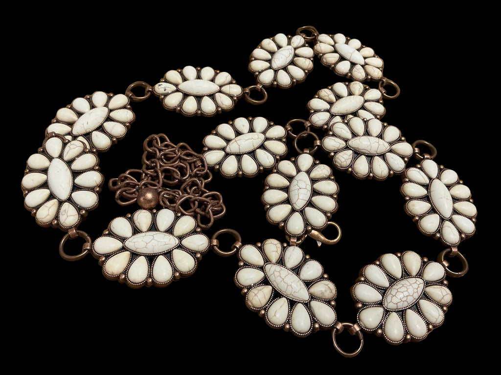 Faux White Buffalo Oval Concho Chain Belt Copper Setting