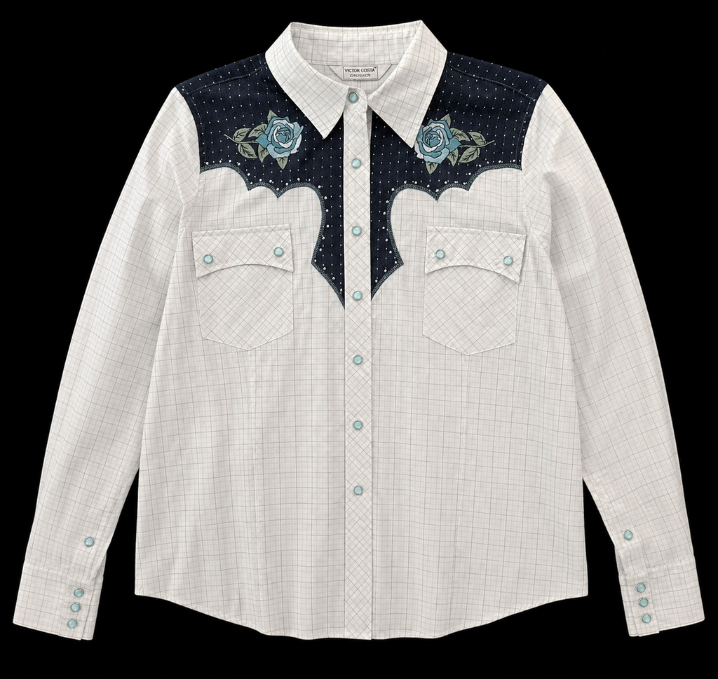 Vintage Blue Roses Embroidered on Checkered Pearl Snap Shirt L