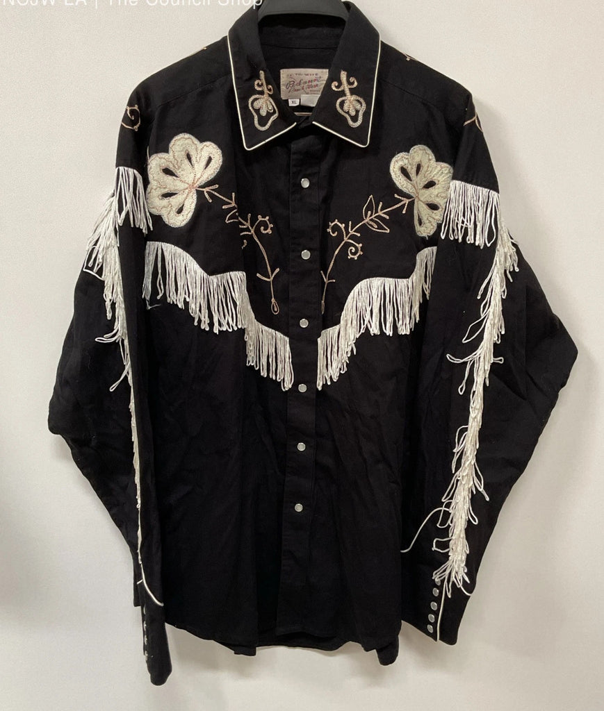 Men’s Black Vintage Embroidered Fringed Shirt XL