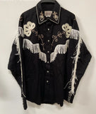 Men’s Black Vintage Embroidered Fringed Shirt XL