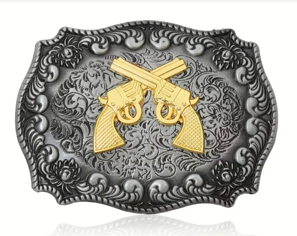 Double Gold Pistol Matte Silver Western Buckle