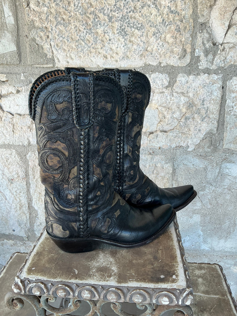 Vintage Heavily Hand Tooled Inlay 8.5B Boots