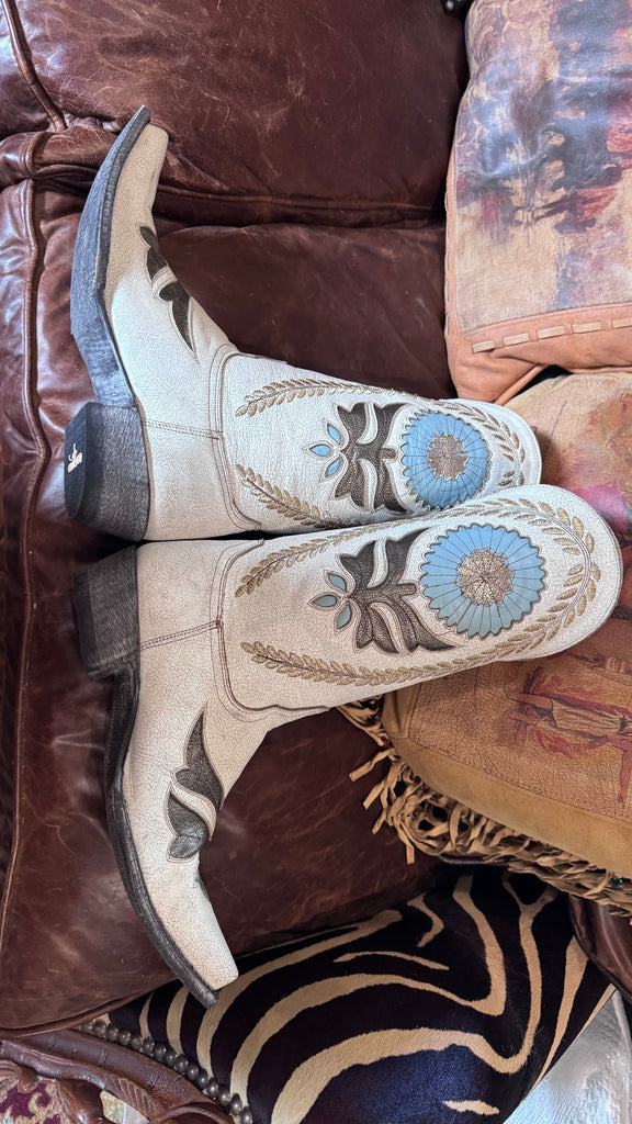 OLD GRINGO ZHORA - CRACKLED TAUPE AND BLUE NEW COWBOY BOOTS 7.5