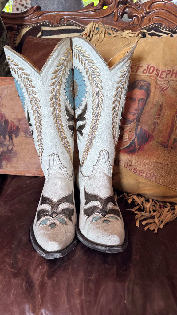 OLD GRINGO ZHORA - CRACKLED TAUPE AND BLUE NEW COWBOY BOOTS 7.5