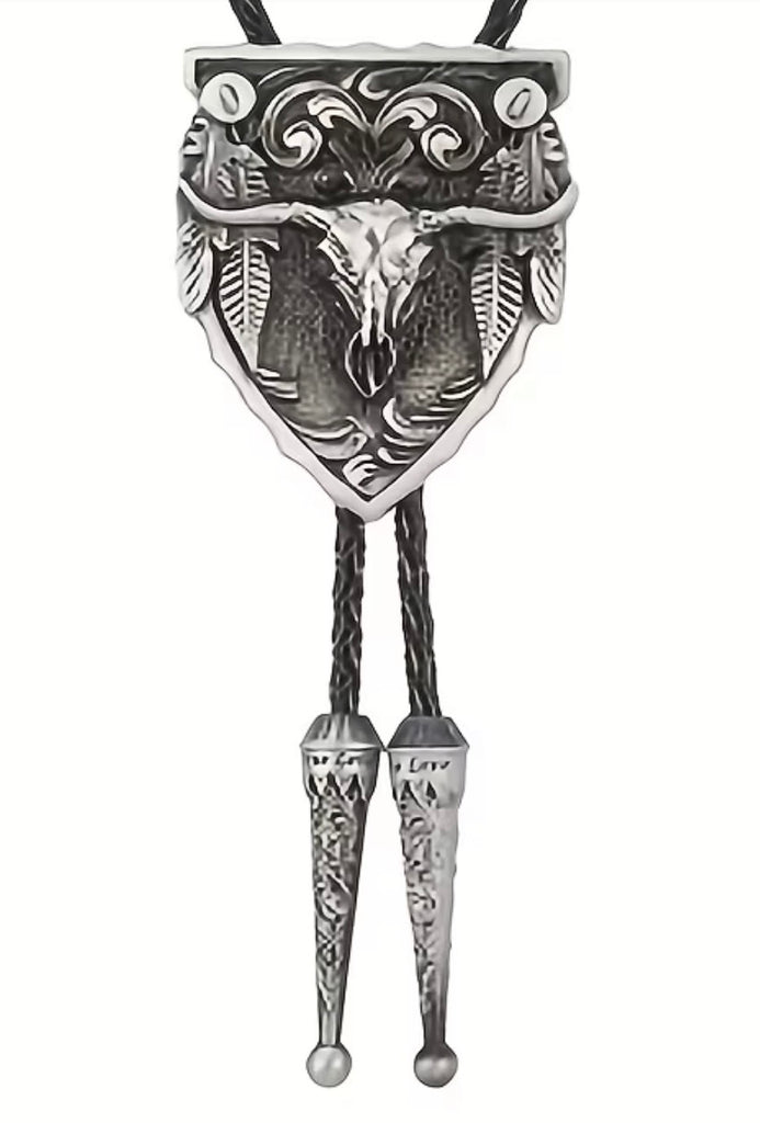 Southwest Steer Skull Feathers Bolo Tie