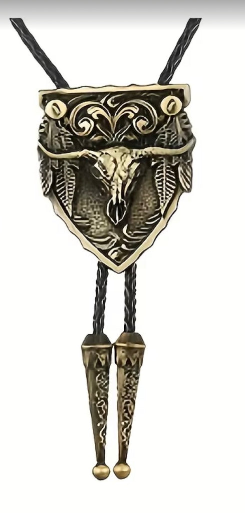 Southwest Steer Skull Feathers Bolo Tie