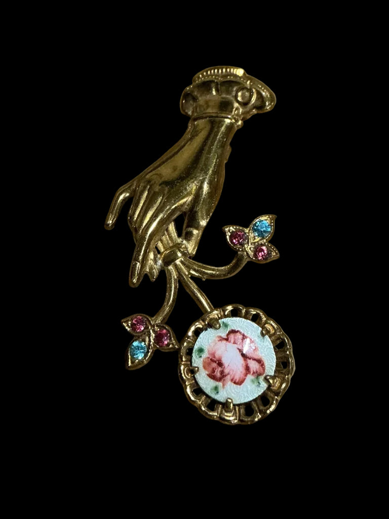 Vintage Signed CORO Pin Hand Enameled Flower Stones