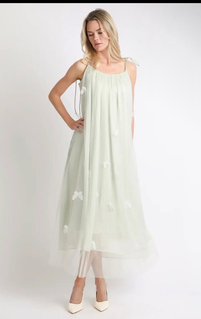 3D Butterfly Sage Tulle Overlay Maxi Dress