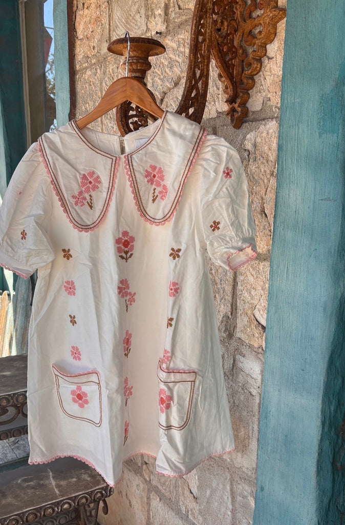 Pink Floral Cross-Stitch Embroidery Short Dress