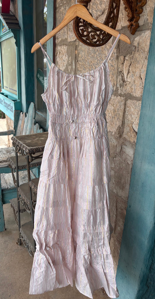 LUREX STRIPE SHIRRED DETAIL TIERED MIDI DRESS