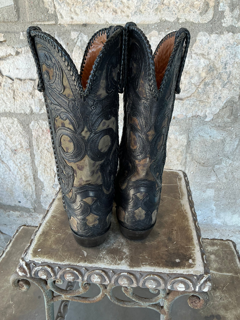 Vintage Heavily Hand Tooled Inlay 8.5B Boots