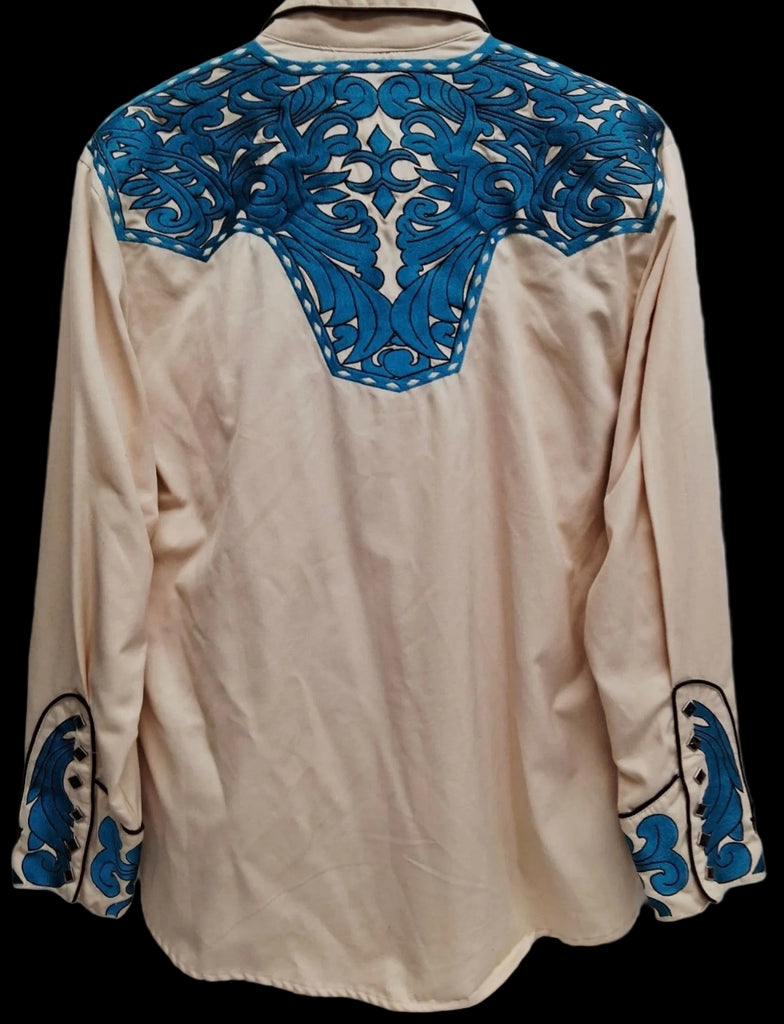 Vintage Blue Shirt L Embroidered Pearl Snap