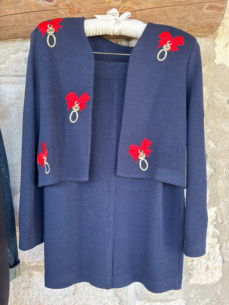 Vintage Navy 2PC Suit St John 4 Red Bows