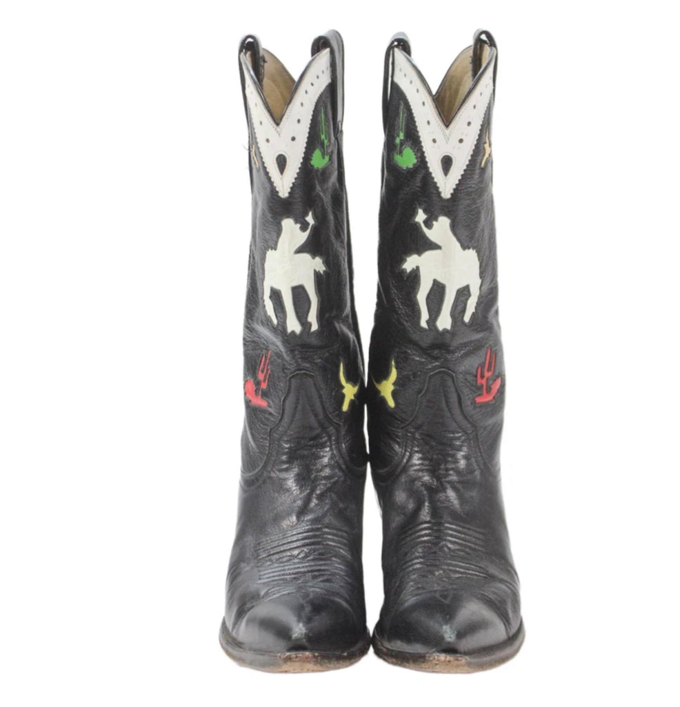 Bucking Bronc Rider Inlay Vintage Mahan Boots 6.5