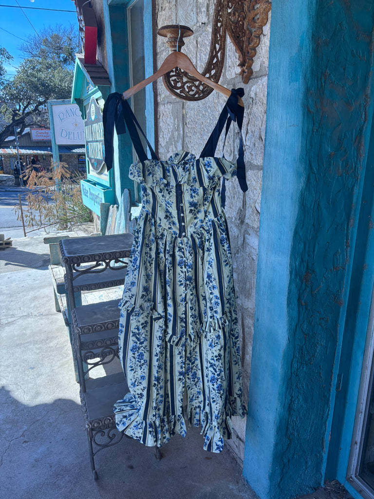 Blue Chintz Stripe Dress Ribbon Ties