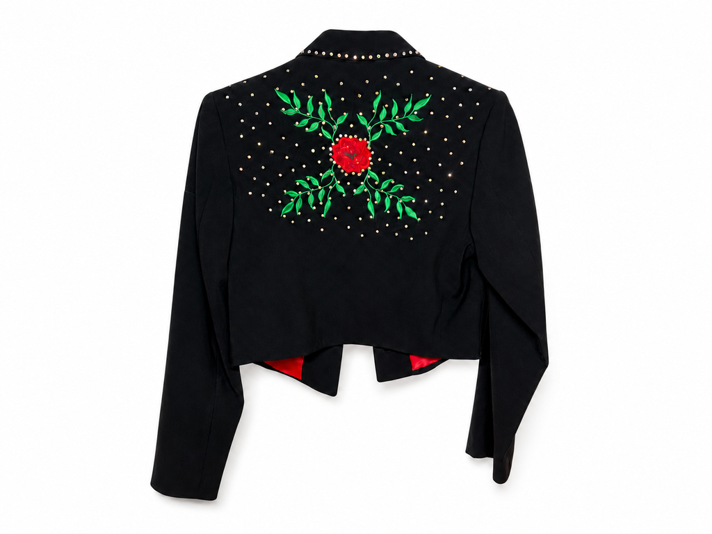 Red Embroidered Roses Black Jacket Swarovski AB Crystals S