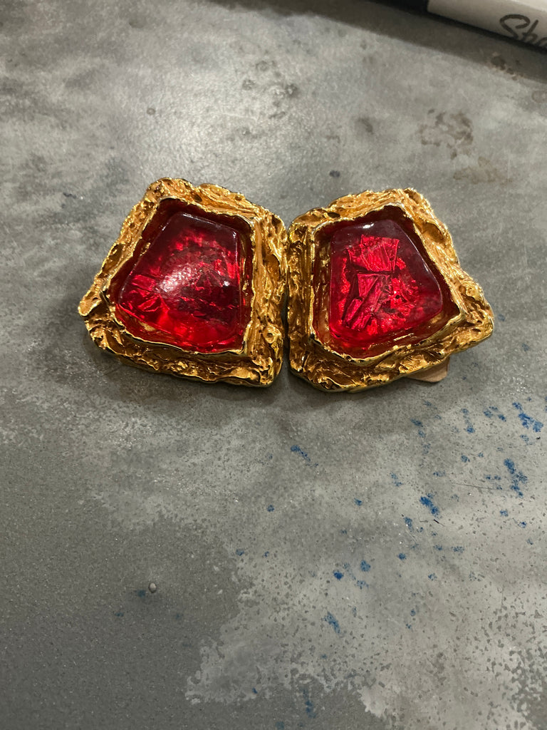 Vintage Christian LaCroix Clip Earrings Red Stone CLCE