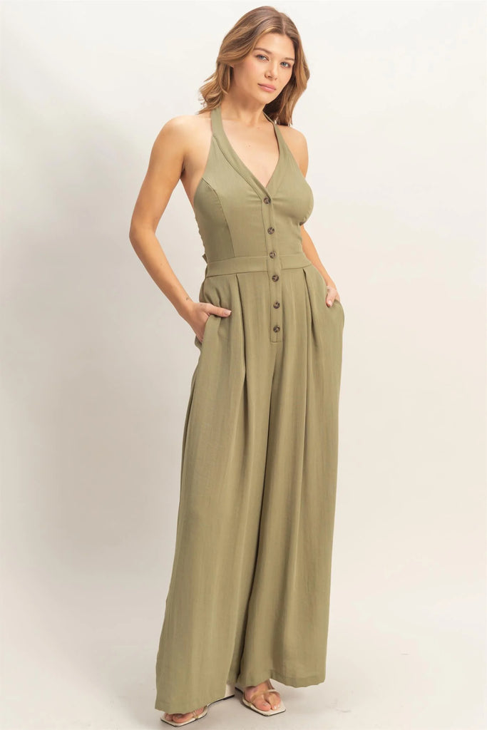 Halter Button-Front Jumpsuit
