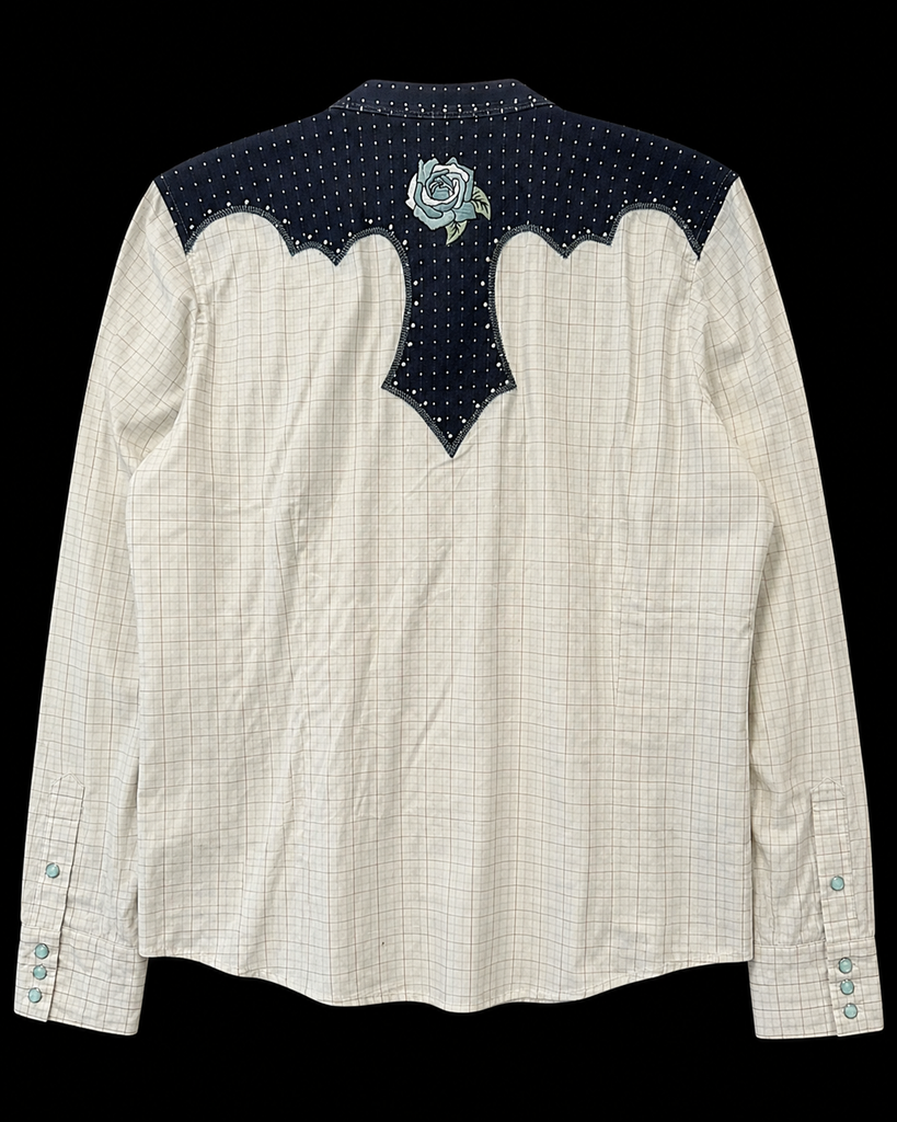 Vintage Blue Roses Embroidered on Checkered Pearl Snap Shirt L