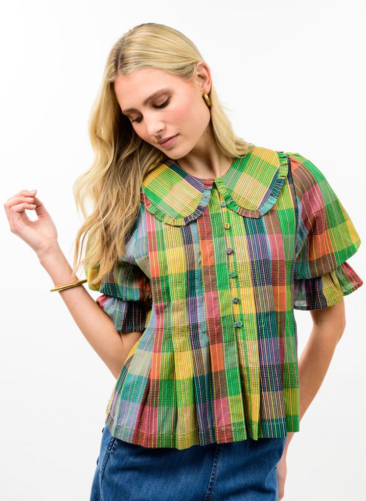 BLOCKS OF PLAID SEERSUCKER TOP