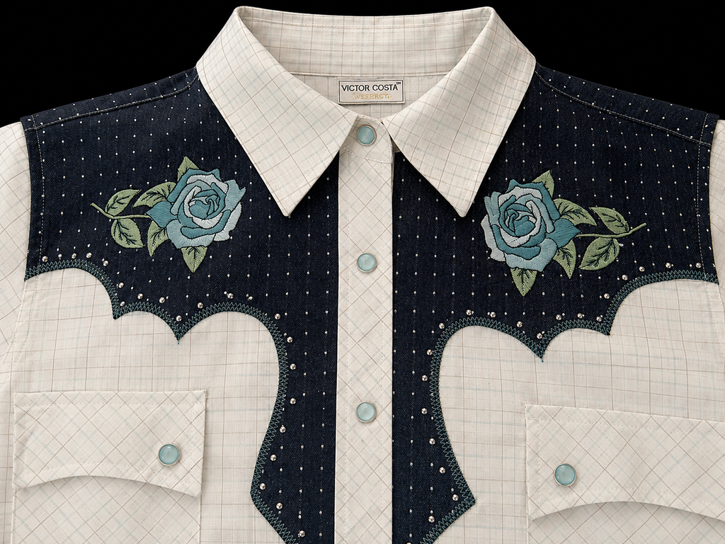 Vintage Blue Roses Embroidered on Checkered Pearl Snap Shirt L