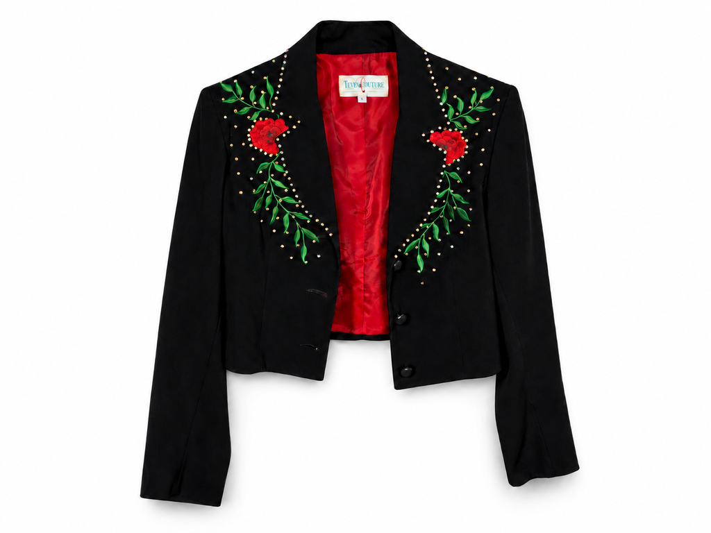 Red Embroidered Roses Black Jacket Swarovski AB Crystals S