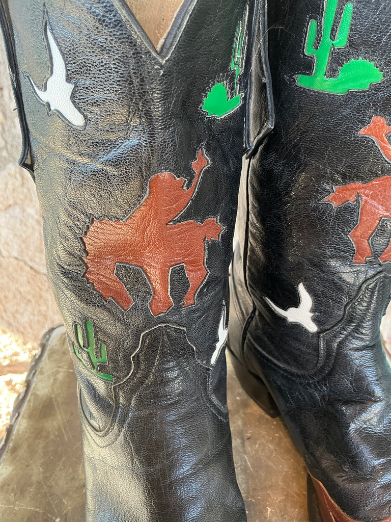 Vintage Mahan Boots 7.5 Inlay Bronc Rider
