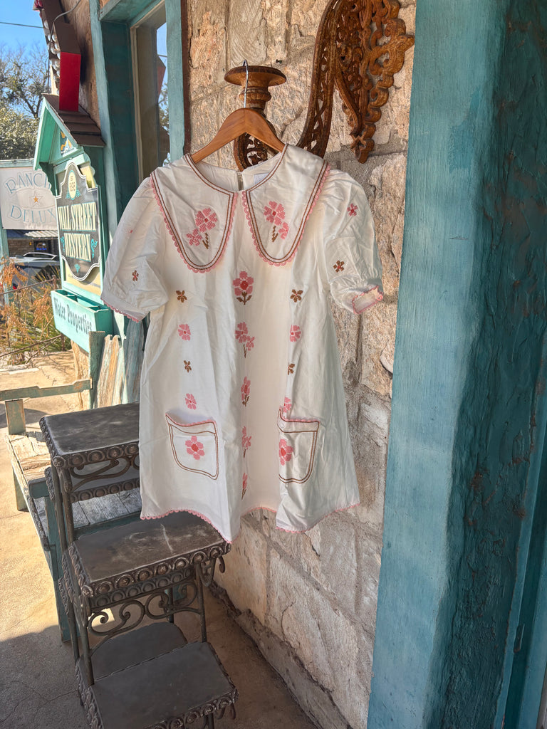 Pink Floral Cross-Stitch Embroidery Short Dress