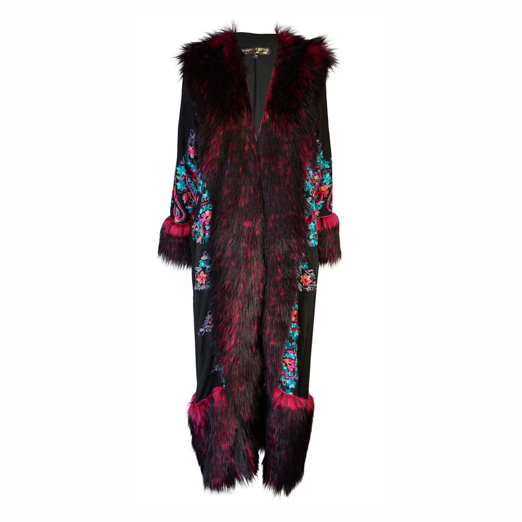 Penny Deluxe Kahlo Embroidered Faux Fur Jacket Coat S