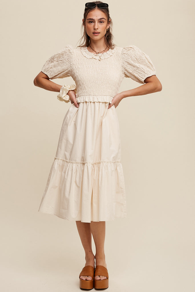 Smocked Puff Sleeve Poplin Dress 3 Colors