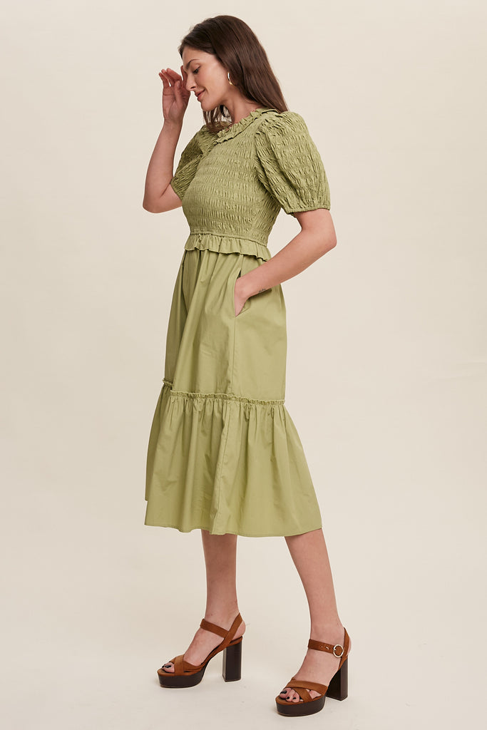 Smocked Puff Sleeve Poplin Dress 3 Colors