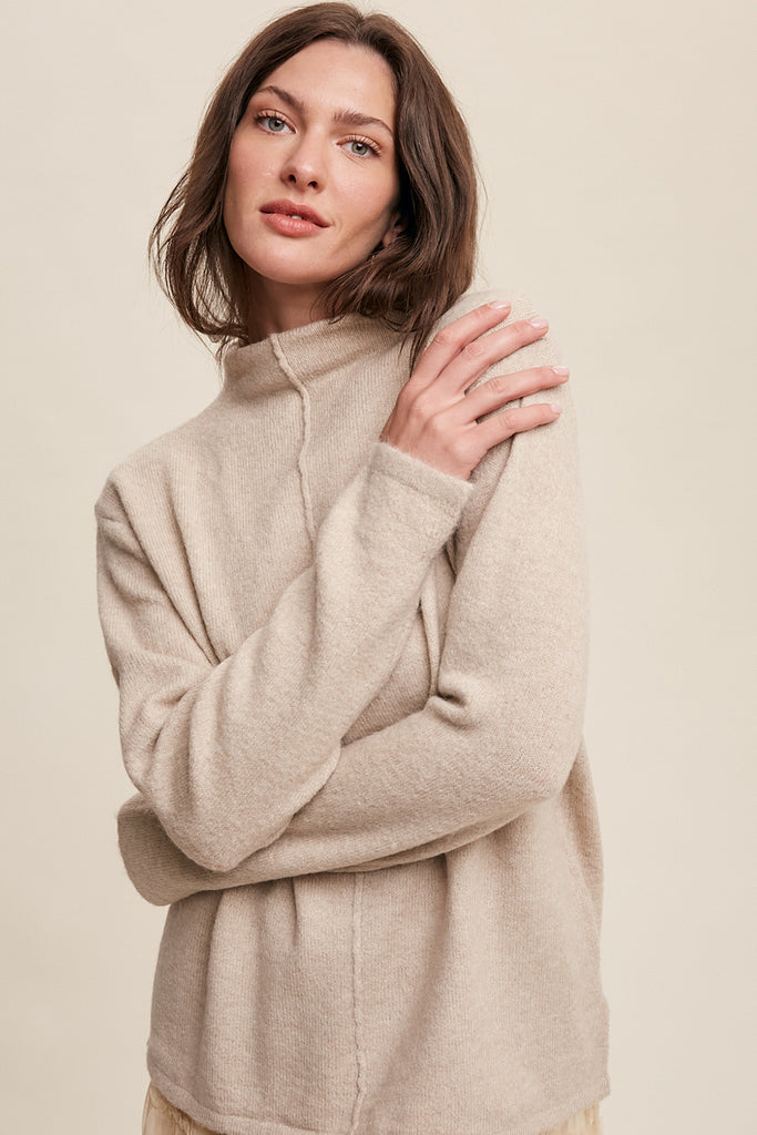 Light Weight Soft Touch Raw Edge Mock Neck Sweater