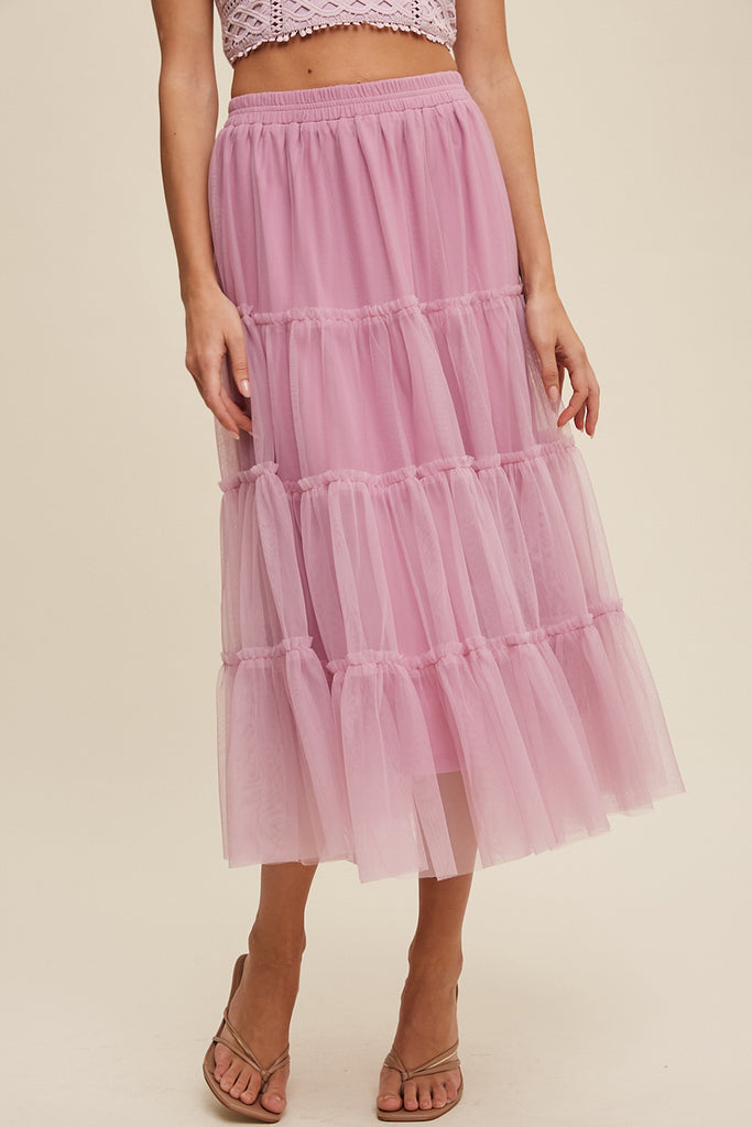 Mauve Tiered Elastic Waist Maxi Skirt