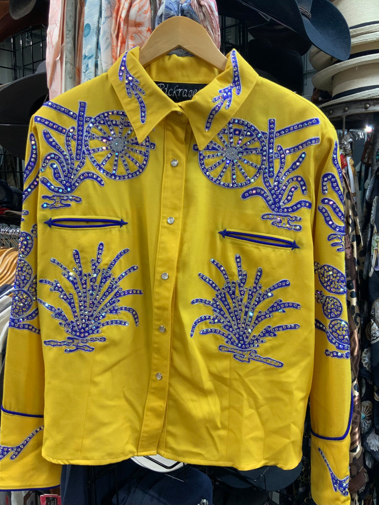 Rickrageous Yellow Blue Wool Gab Swarvoski Shirt
