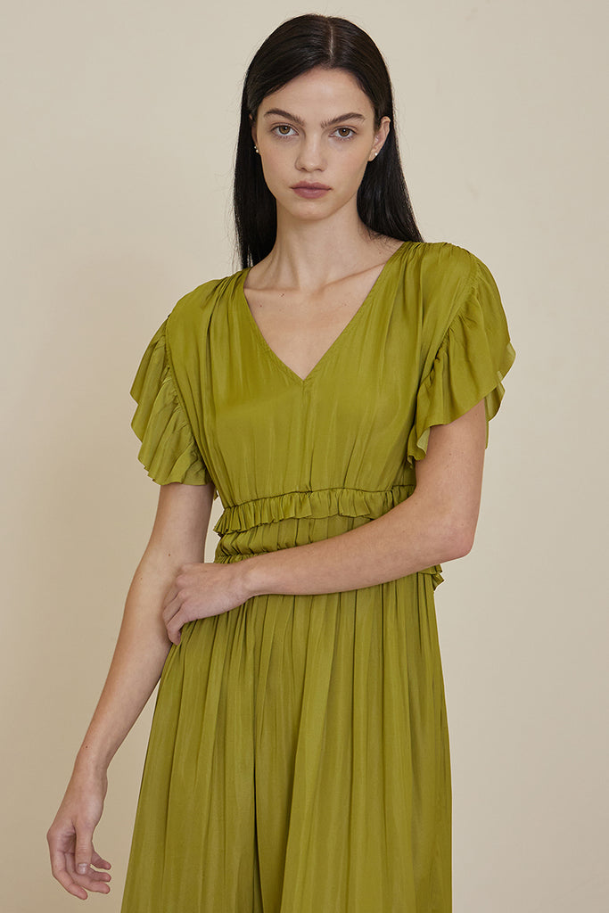 Satin Ruffled V-Neck Dress
