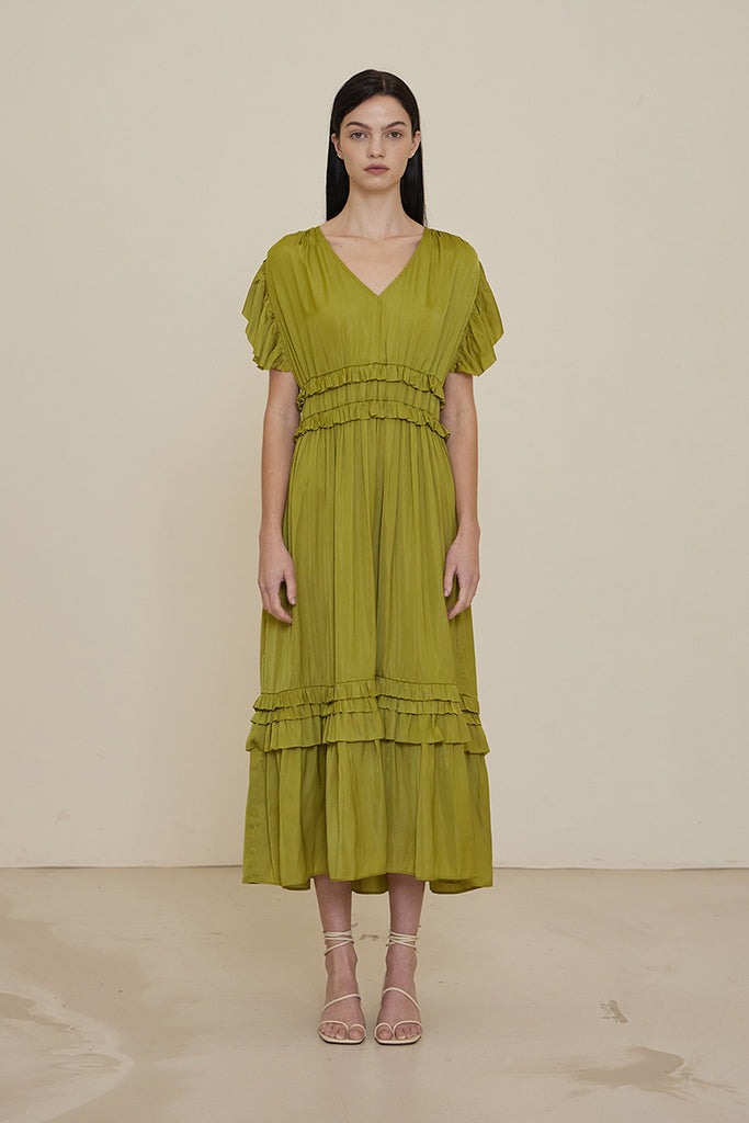 Satin Ruffled V-Neck Dress