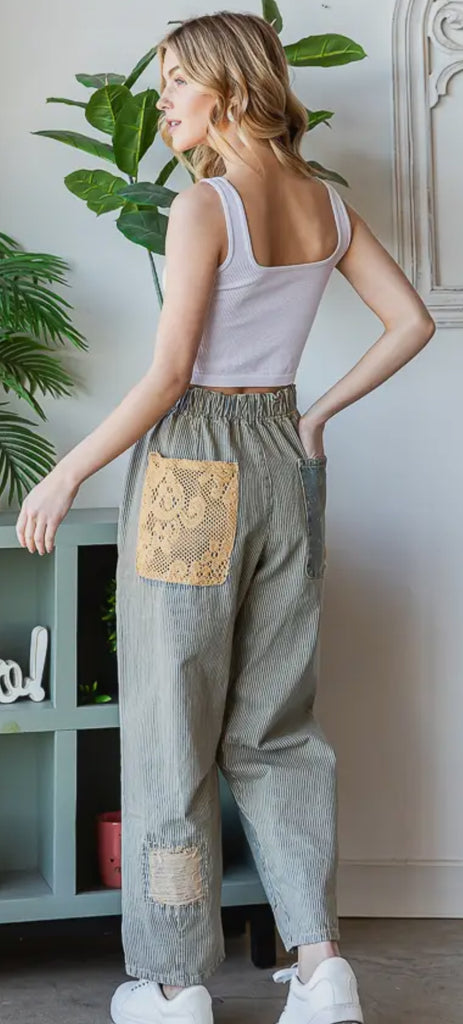 Vintage Denim Wash Striped Baggy Jean Pants