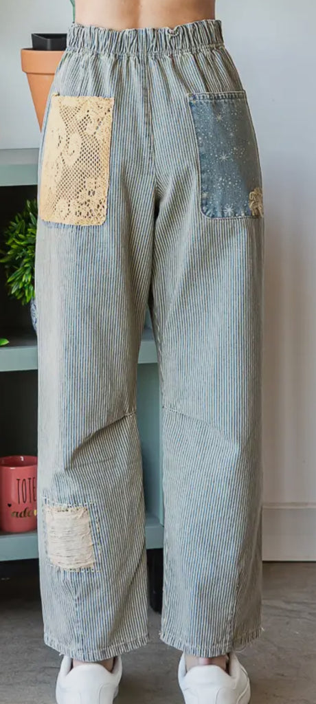 Vintage Denim Wash Striped Baggy Jean Pants