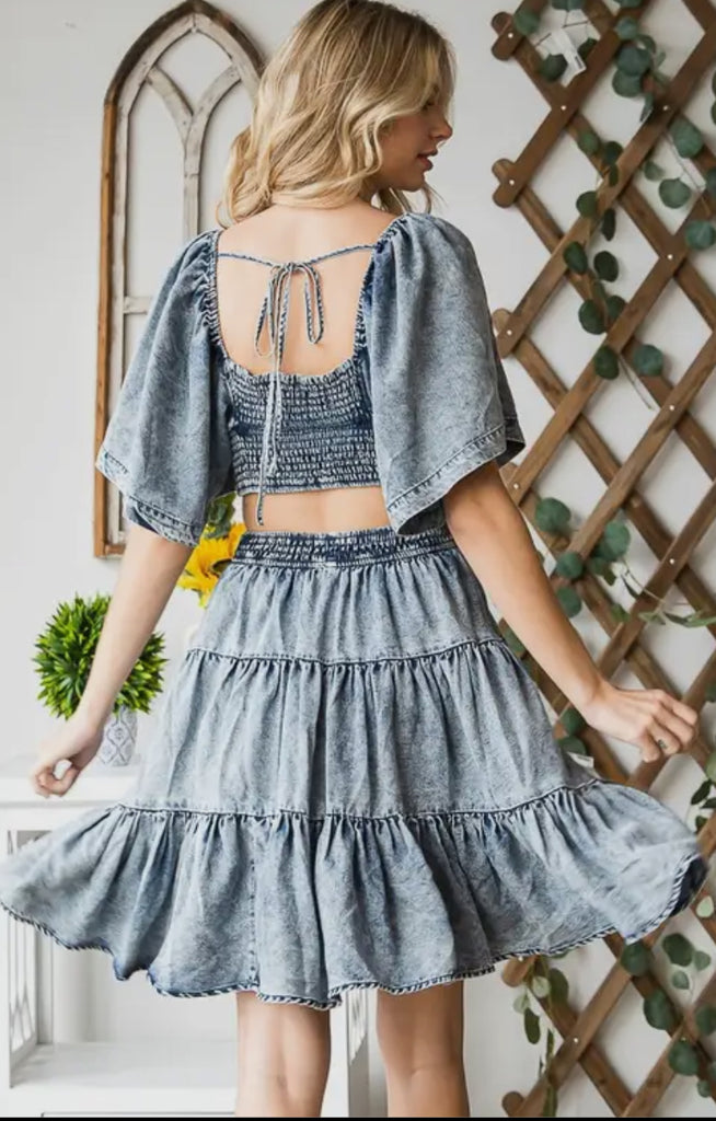 Washed Denim Tencel Cut Out Mini Dress