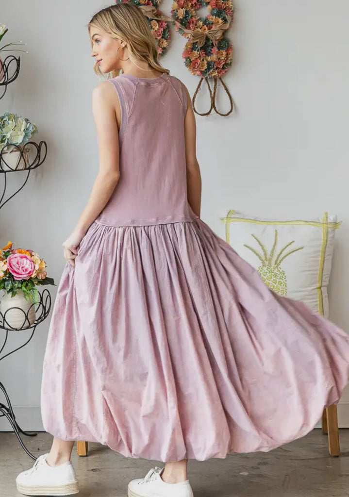 Washed Sleeveless Balloon Skirt Dress