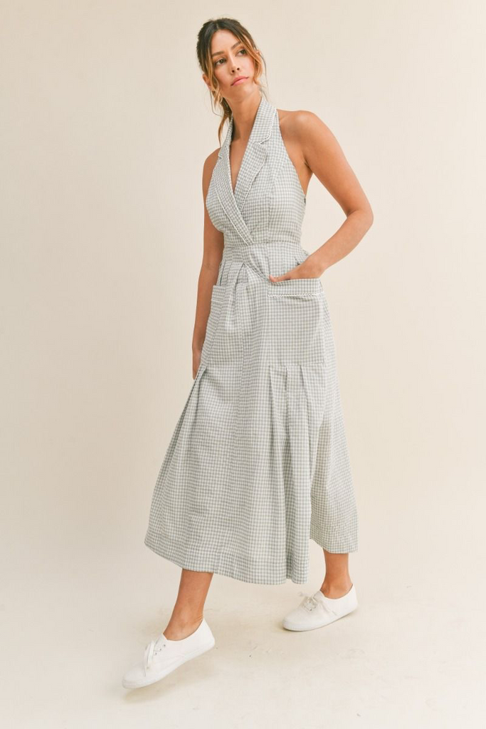 SCALLOPED TRIM HALTER NECK MIDI DRESS