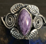 Native American Signed Purple Turquoise Flowers Leaves Ring