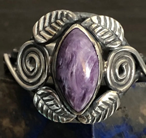 Native American Signed Purple Turquoise Flowers Leaves Ring