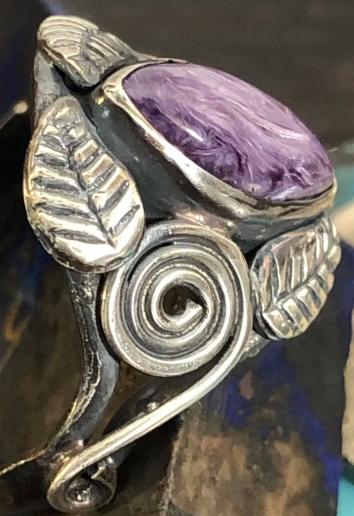 Native American Signed Purple Turquoise Flowers Leaves Ring