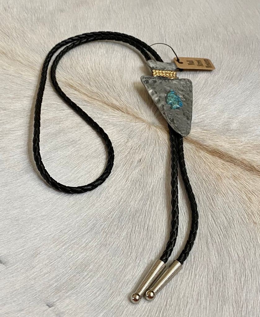 Patina Hammered Arrowhead with Turquoise Bolo Tie Statement Piece