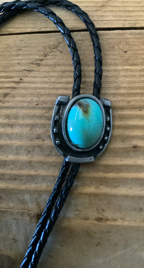 Good Luck Horseshoe with Green Turquoise Bolo Tie