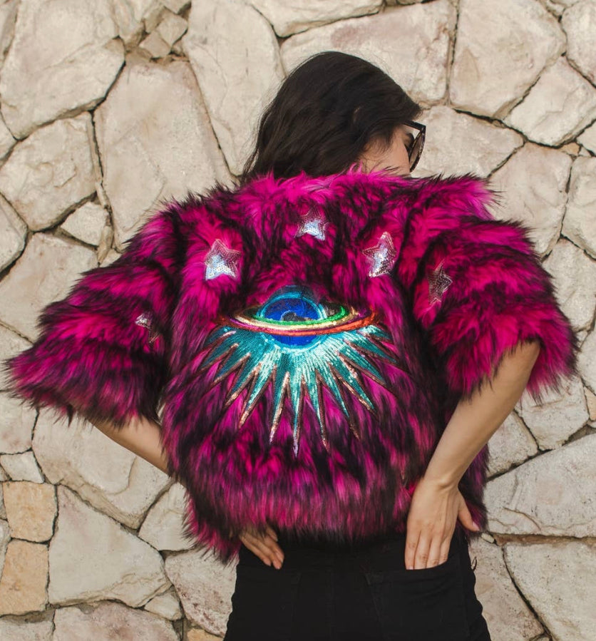 Planet Queen Crop Faux Fur Jacket