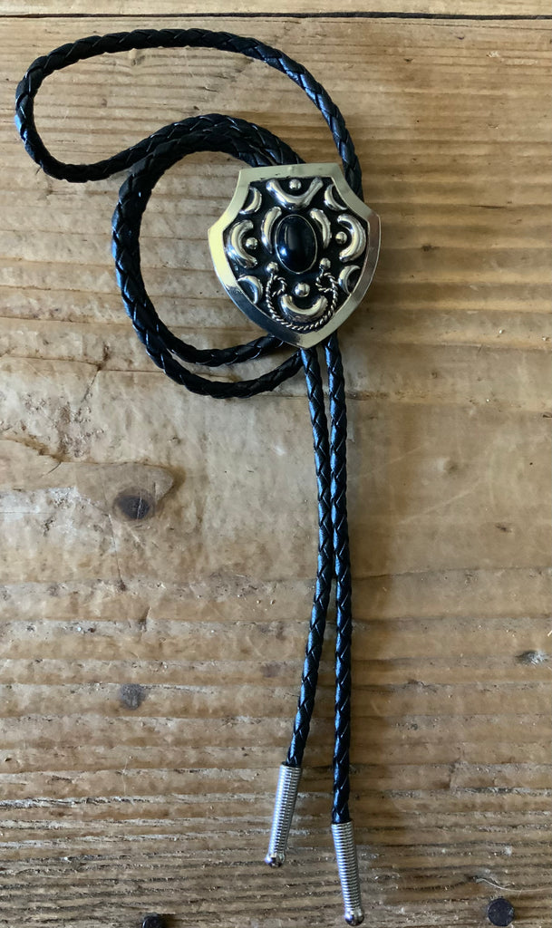 Engraved Silver Tone Black Stone Bolo Tie