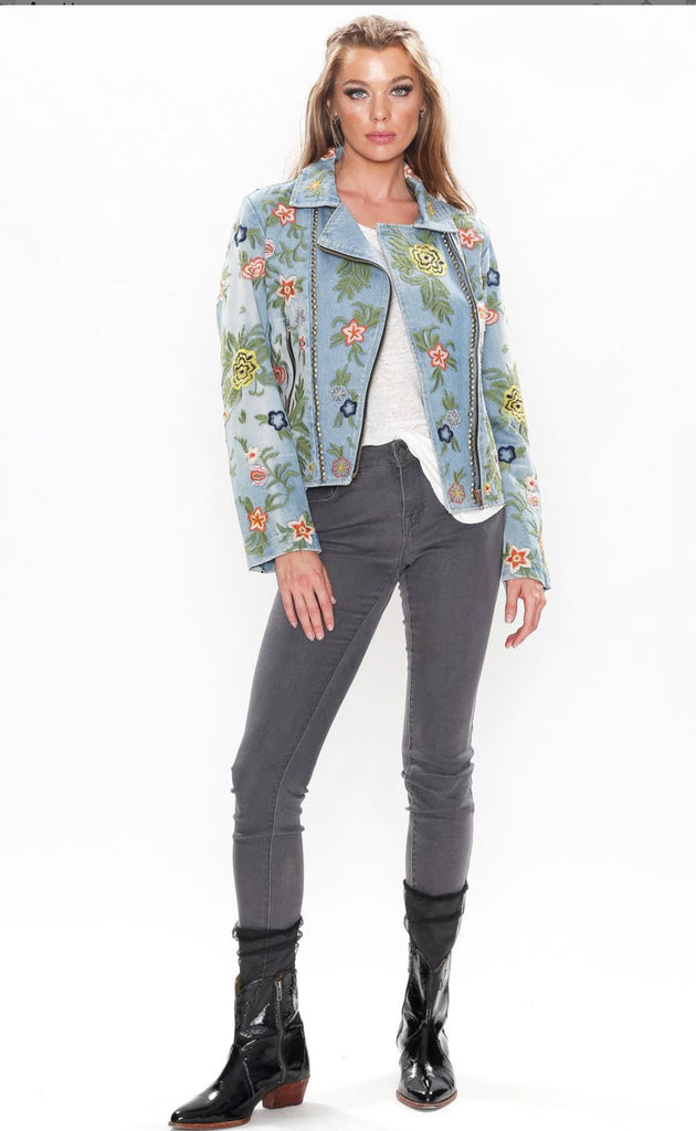 Lucinda Floral Embroidered Moto Denim Jacket